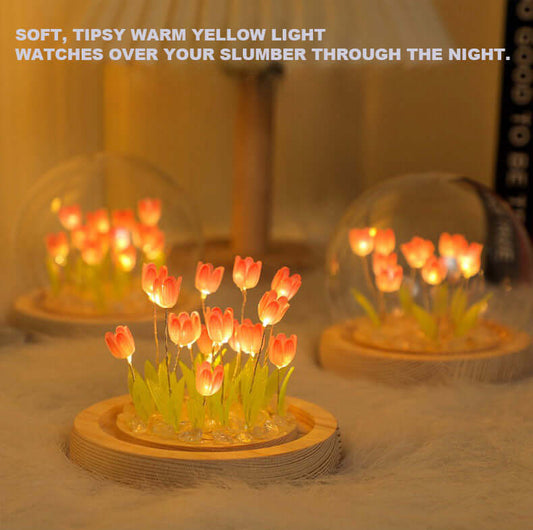 Romantic tulip flower light with wooden base, USB powered
