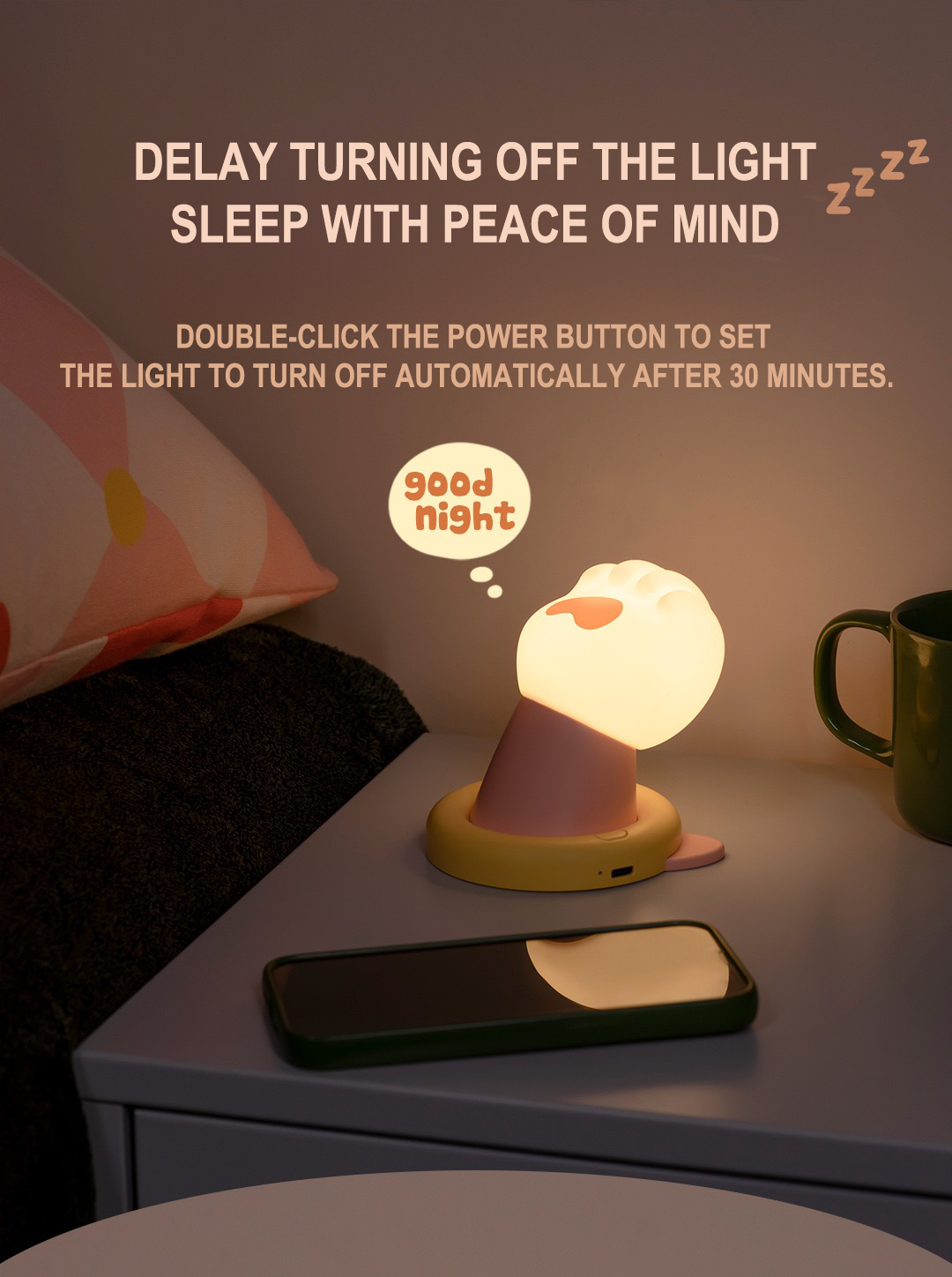 pink cat paw stress relief night light USB charging