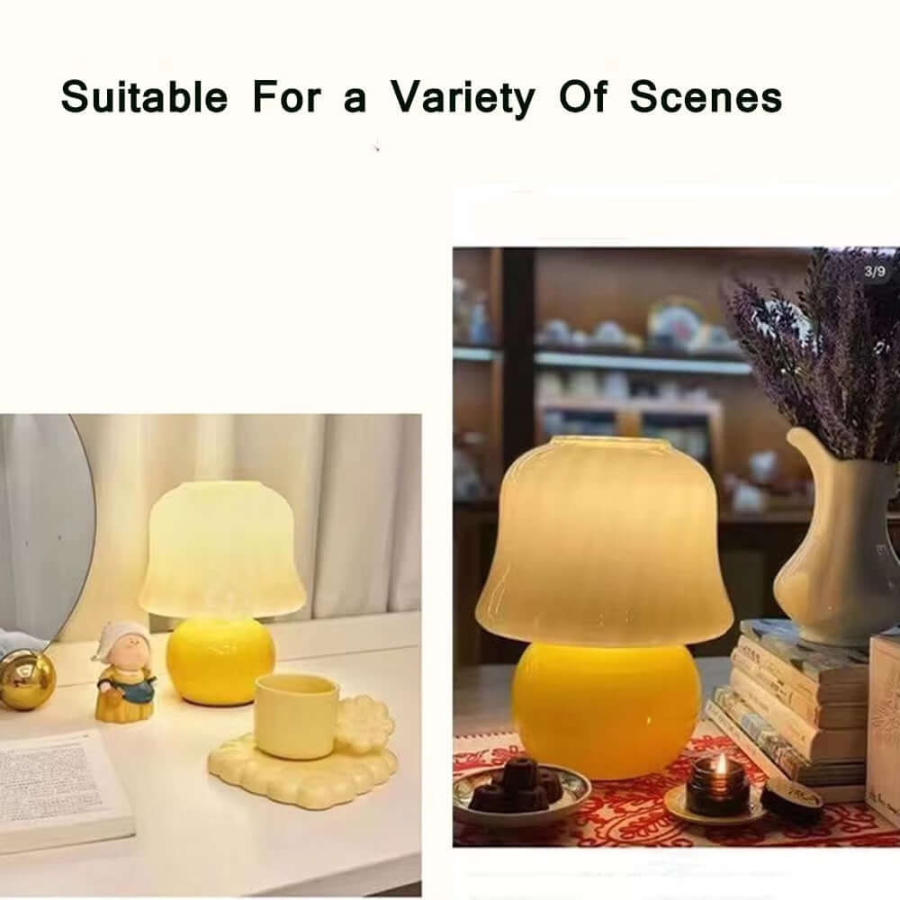 French cream mushroom table lamp displayed in various cozy settings for versatile decor.
