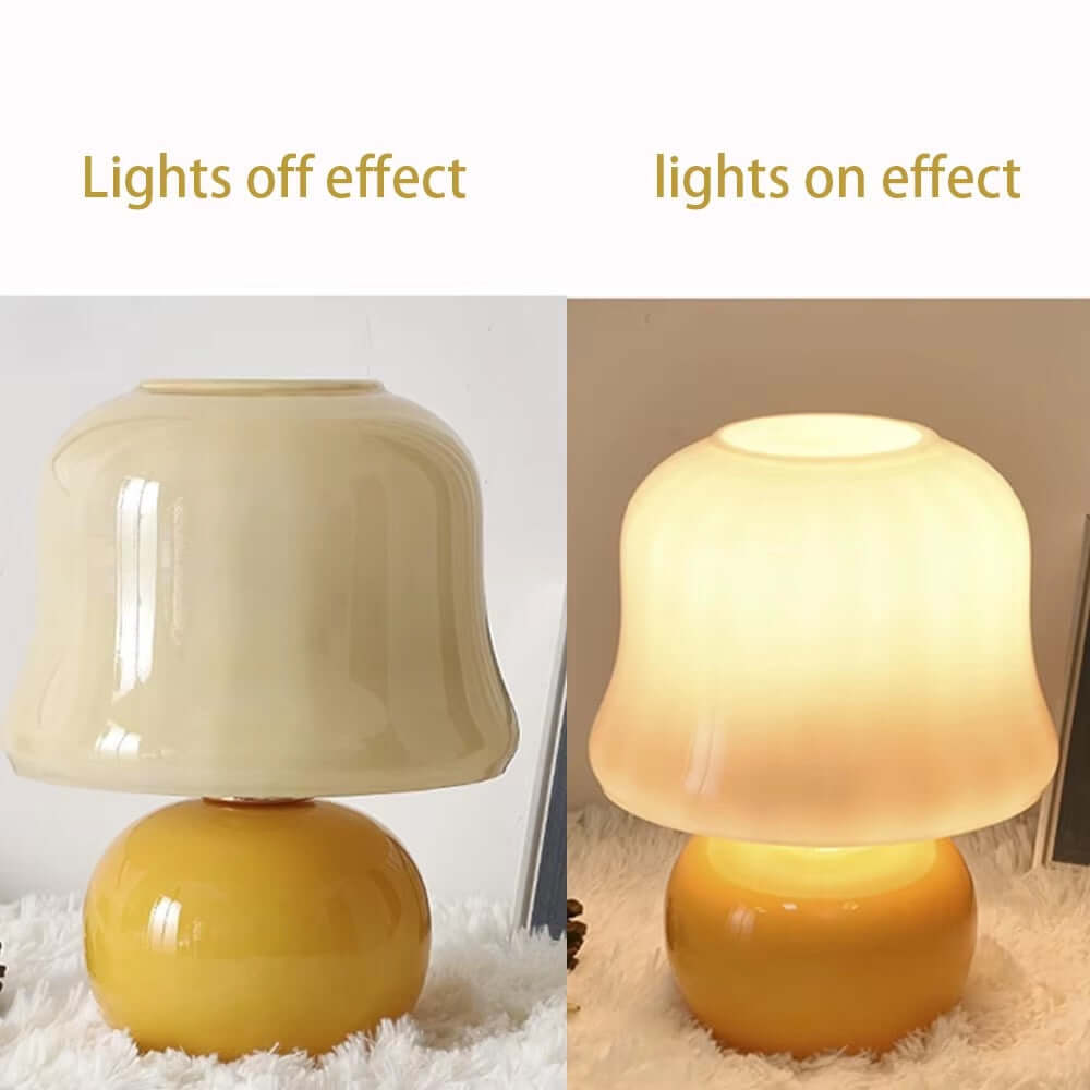 Comparison of French cream mushroom table lamp with lights off and lights on effects.