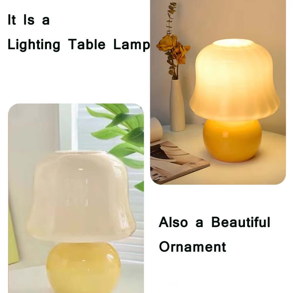 French cream mushroom table lamp, retro bedside light, soft elegance, cozy charm, mid-century design.