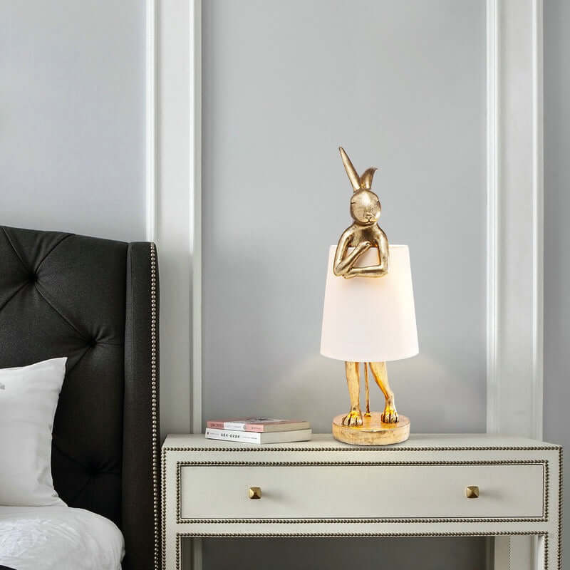 Whimsical apron-wearing bunny resin lamp
