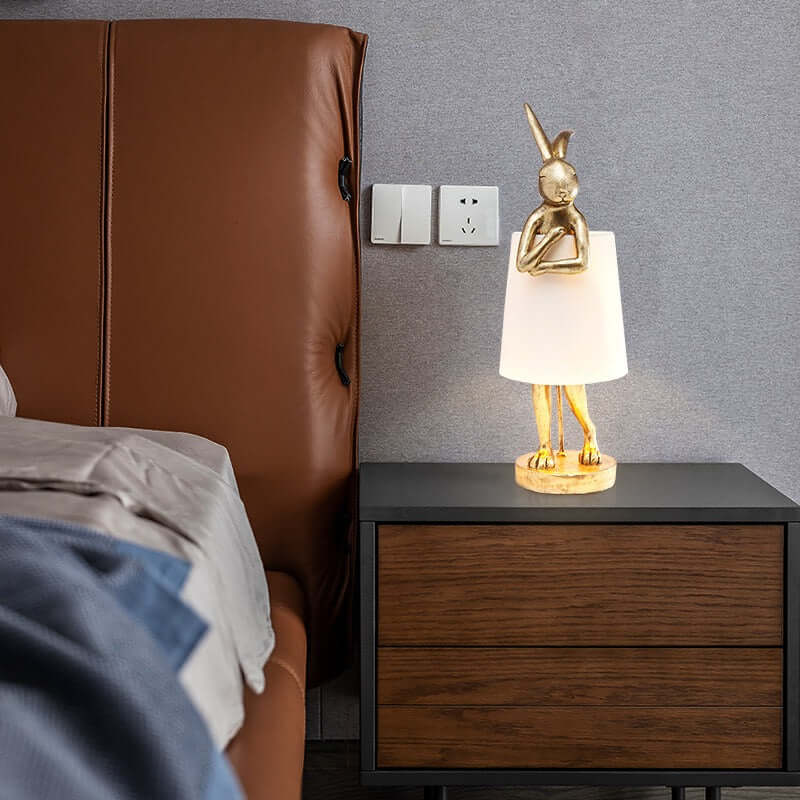 Side view of 68cm tall apron bunny lamp