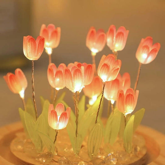 Handmade tulip night lamp under glass dome with warm LED glow
