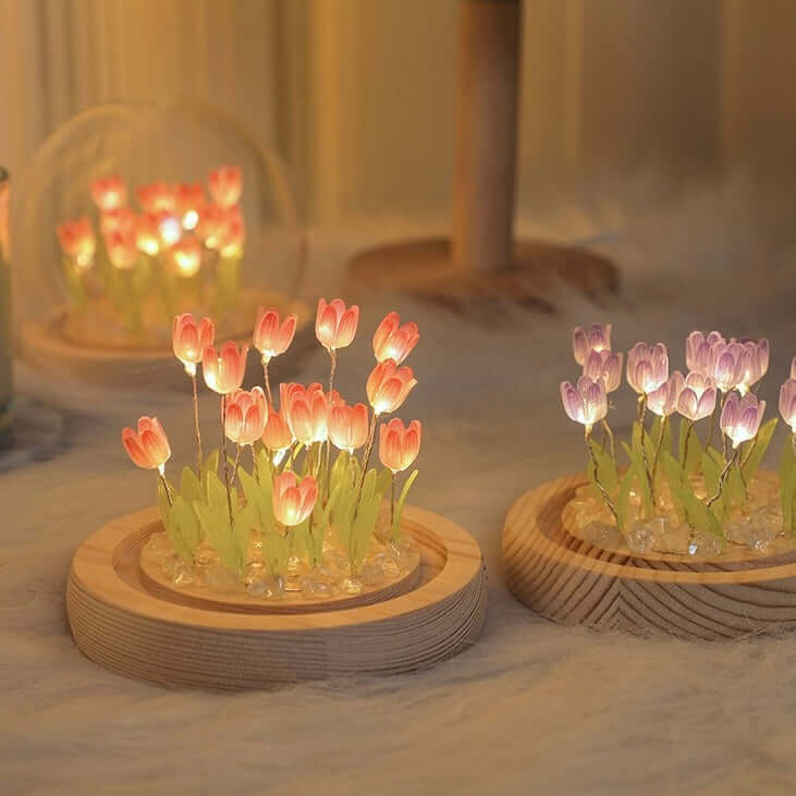 Wooden base tulip night lamp handmade flower light home decor