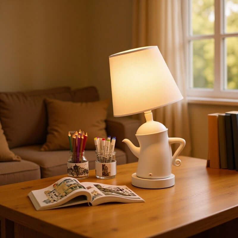 Alice Dream Kettle Lamp on a wooden table with a cozy living room background featuring books and stationery.