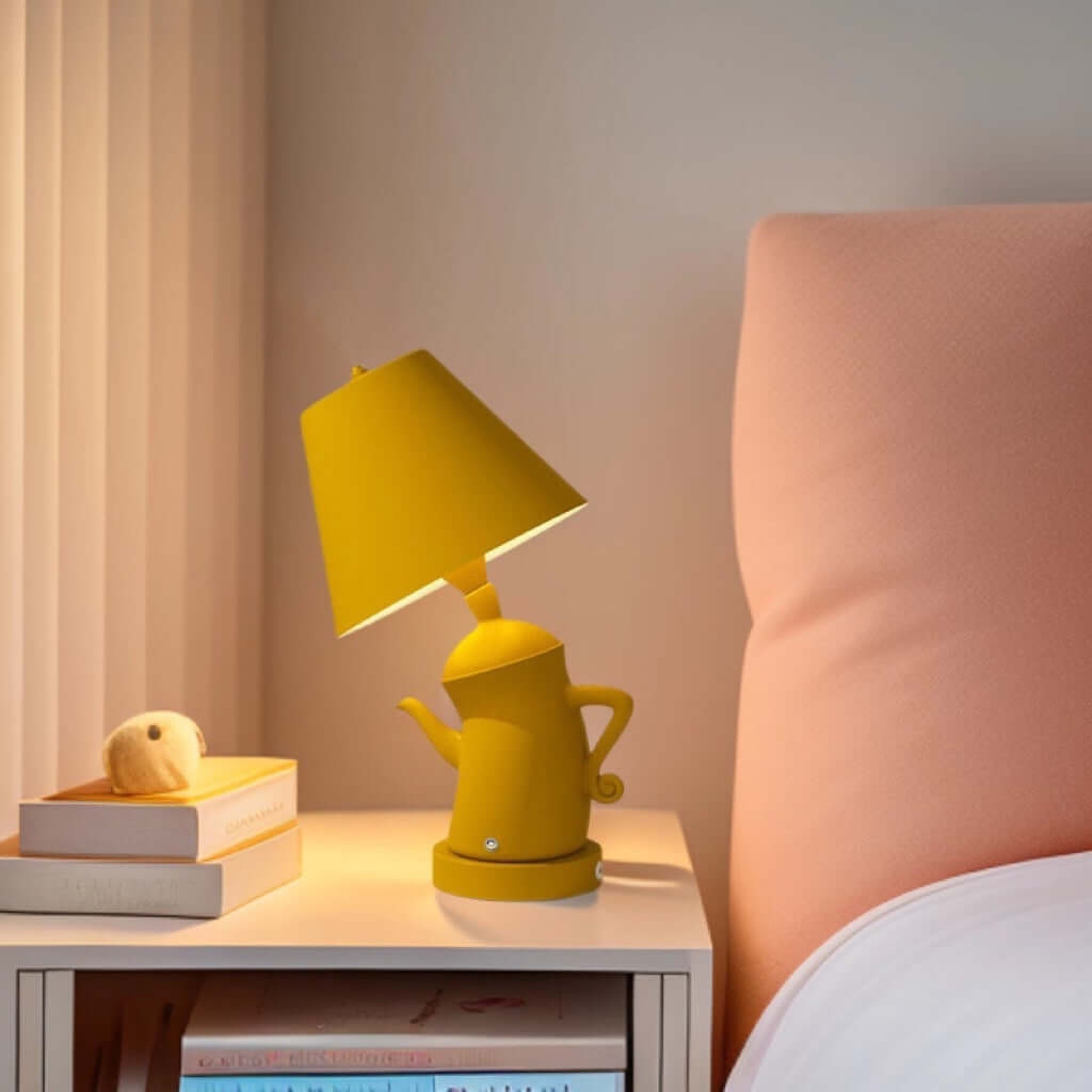 Alice Dream Kettle Lamp on bedside table with yellow kettle design and ambient light.