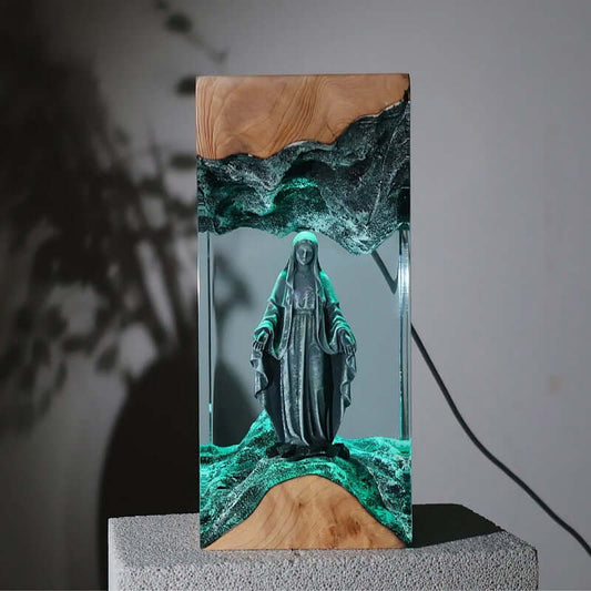 Holy Mary Resin Art Lamp – Wooden Night Light Home Blessing