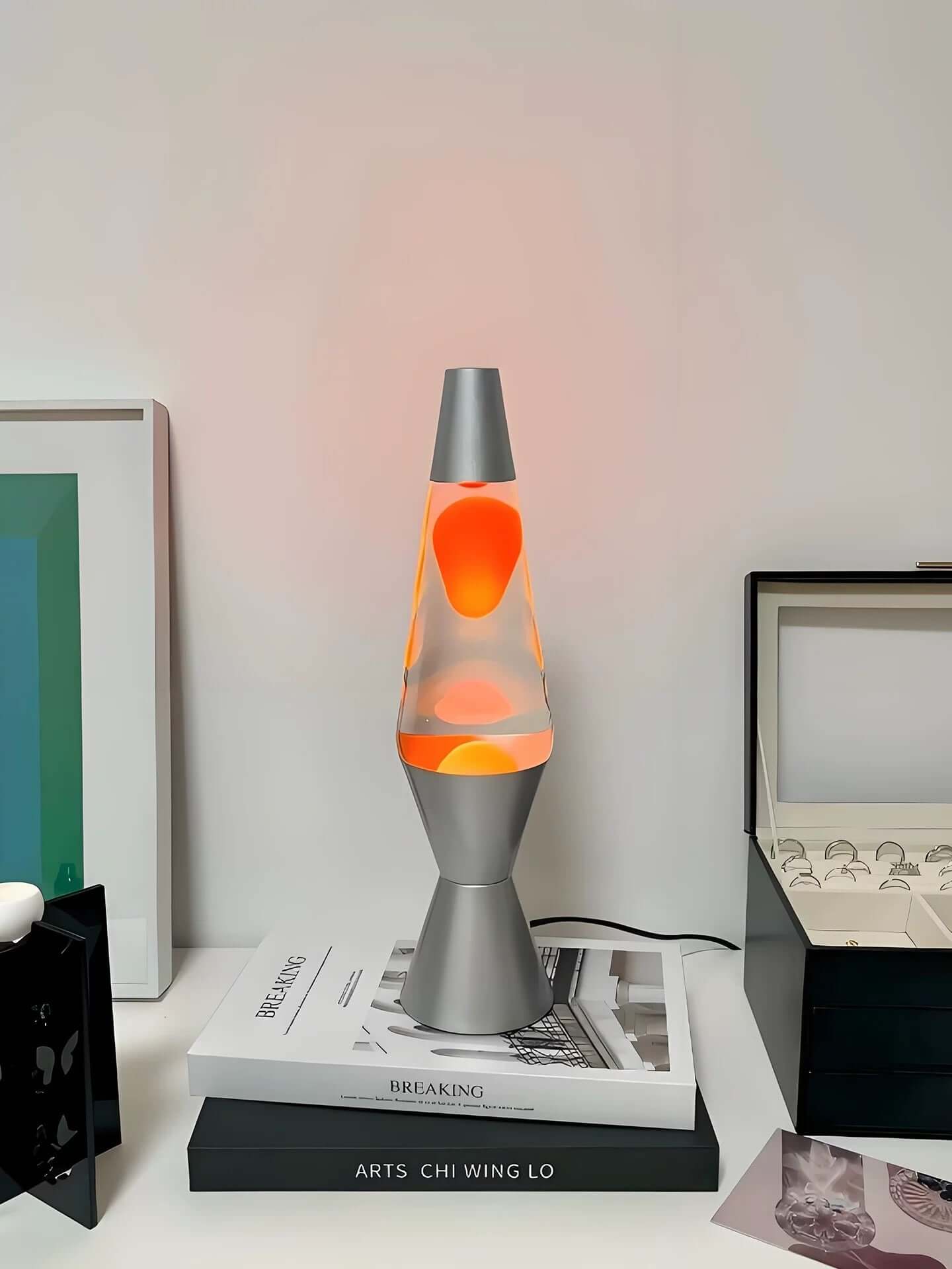 retro style dynamic wax lamp with metal base and glass shade