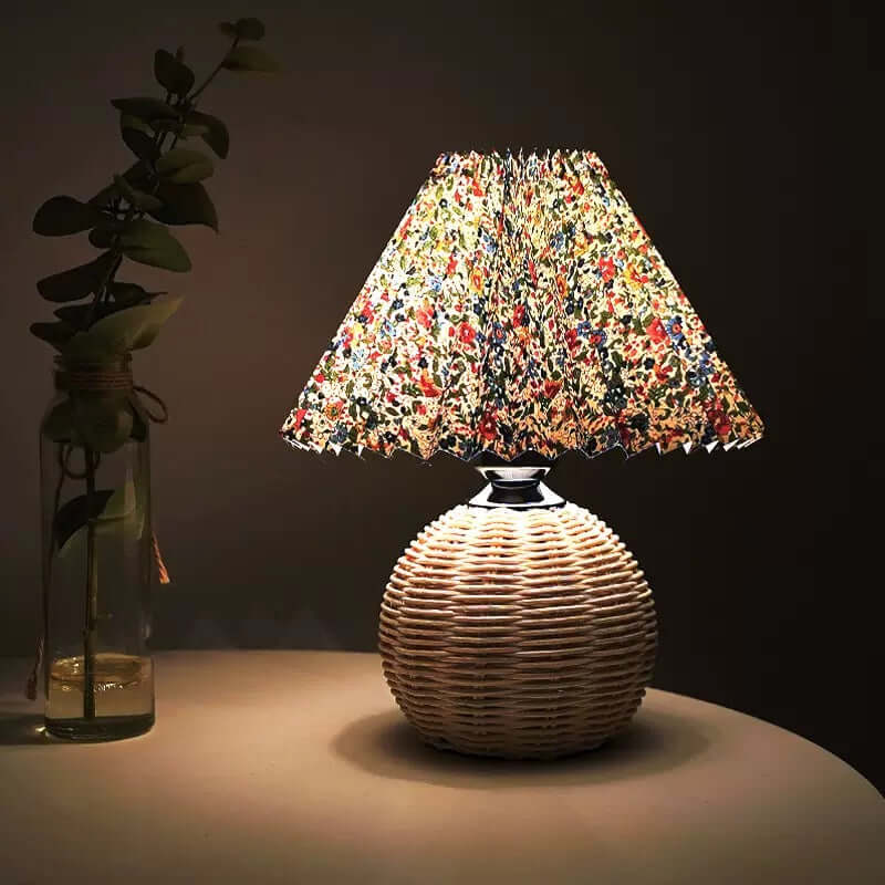 Pleated Paper Table Lamp with Woven Rattan Base | Cottage Style