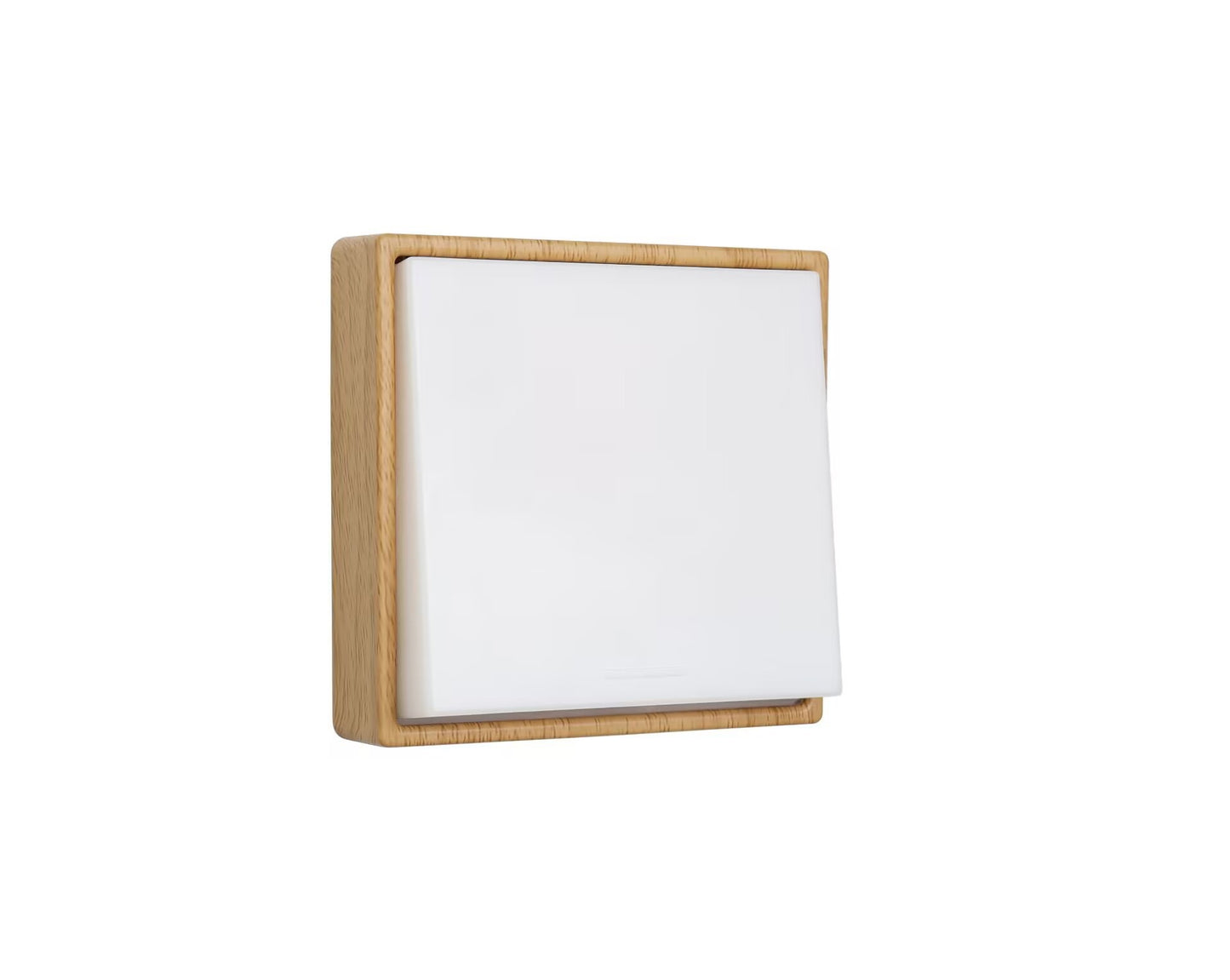 Switch-shaped nightlight with wooden frame, adjustable brightness, easy tap activation, and modern design.