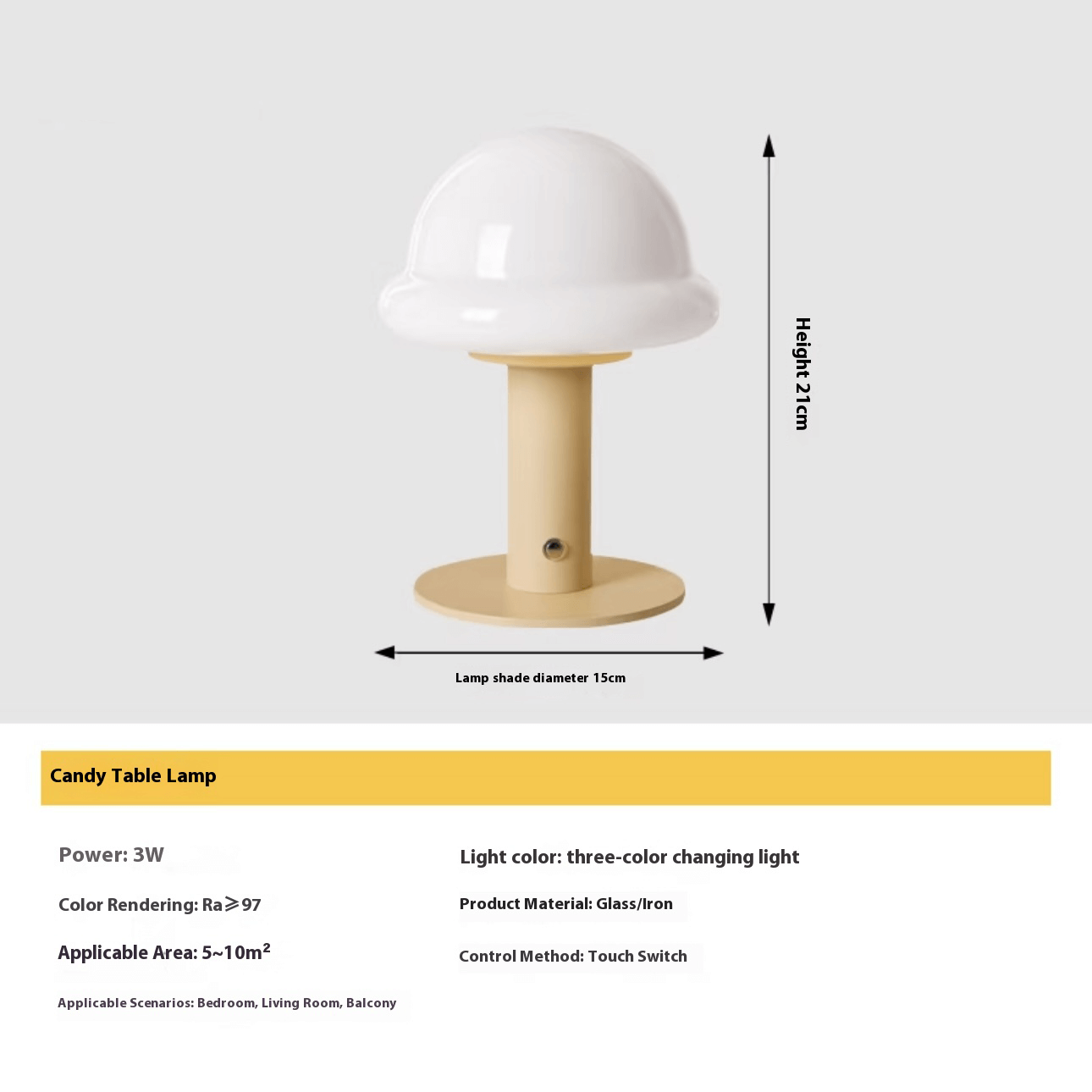 Candy Table Lamp with touch control, three-color changing light, stylish glass design, ideal for bedroom or balcony.