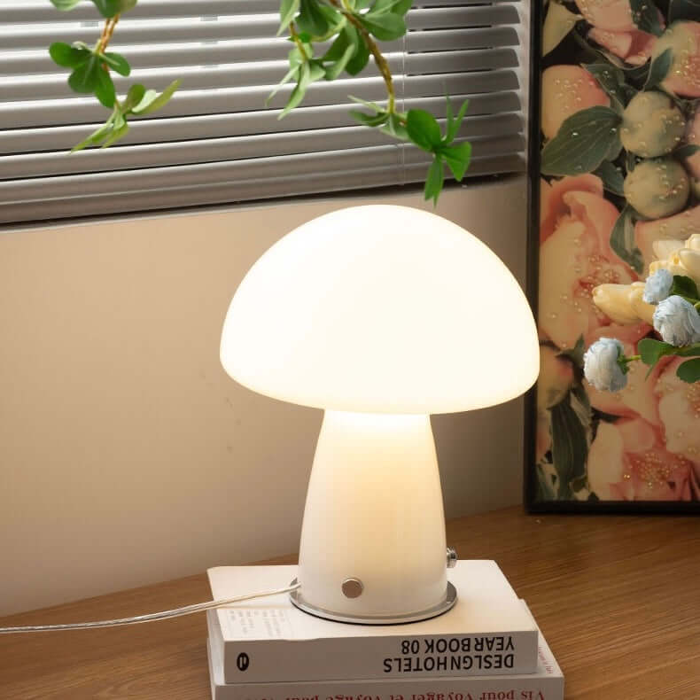 Stylish mushroom table lamp with glass shade and soft illumination on a book, adding elegance to home decor.