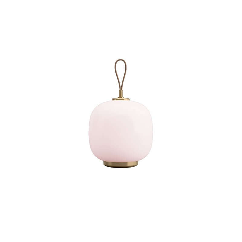 Danish portable table lamp with hand-blown opal glass and brass handle for versatile lighting.