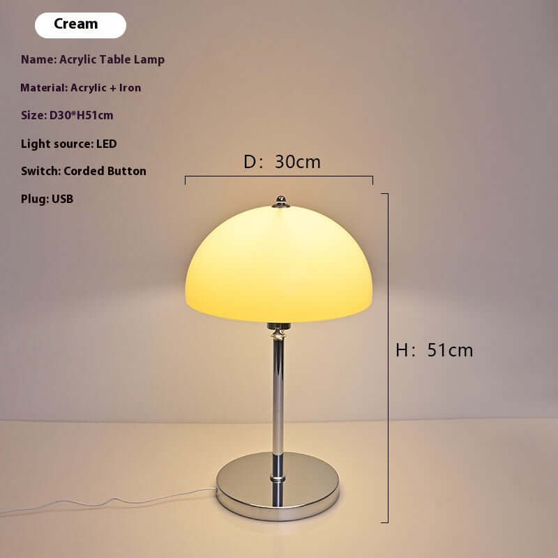 Bauhaus-style acrylic table lamp with LED light, USB plug, cream color, standing 51cm tall and 30cm wide.