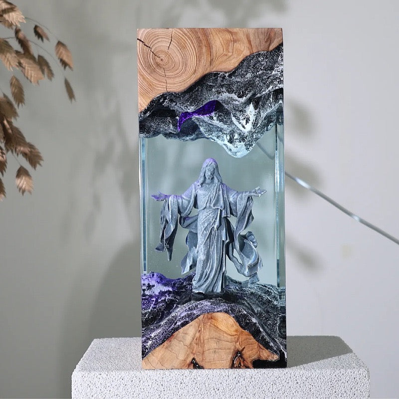 Jesus resin art lamp showcasing a detailed sculpture of Christ surrounded by natural wood elements.