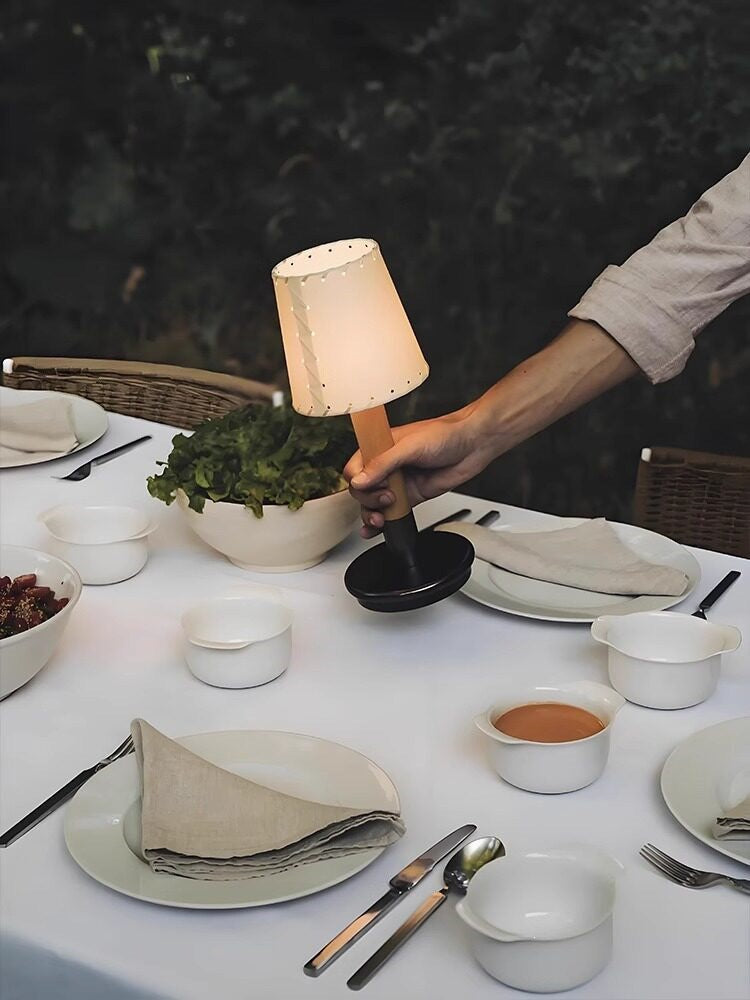 cordless fabric table lamp creating warm dining atmosphere