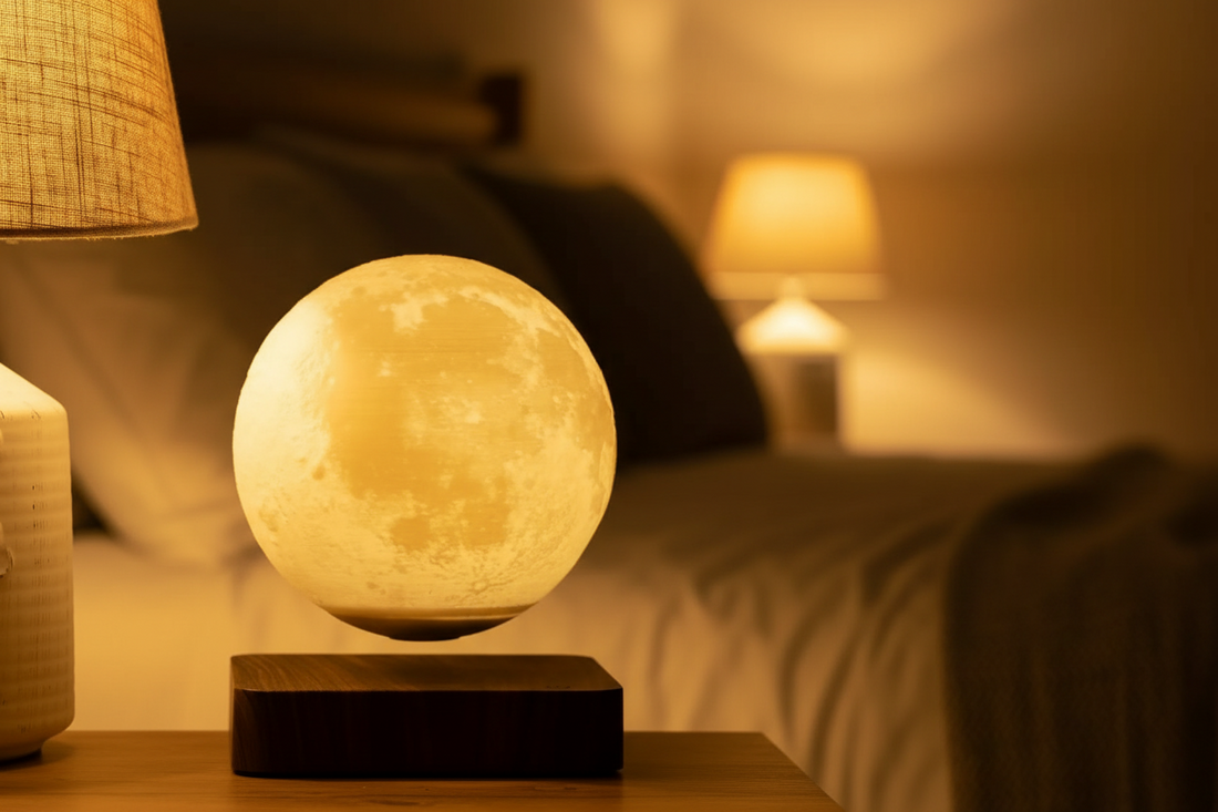 Levitating moon lamp glowing in a dark cozy bedroom for anxiety relief.