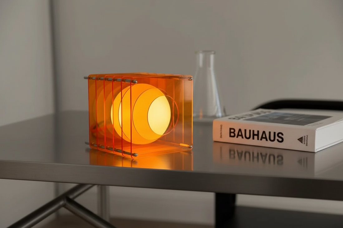 Minimalist Acrylic Layered Moon Lamp on a Bauhaus style desk