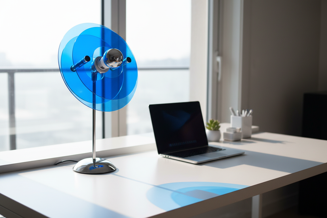 Electric Blue Bauhaus Lamp for aesthetic WFH desk setup photography