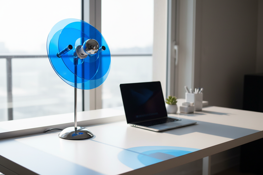 Electric Blue Bauhaus Lamp for aesthetic WFH desk setup photography