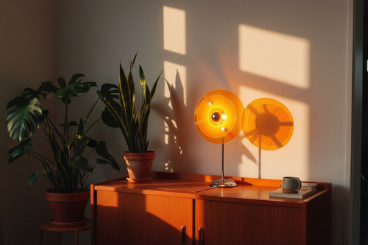 Amber Orange Bauhaus Lamp creating warm sunset atmosphere in living room