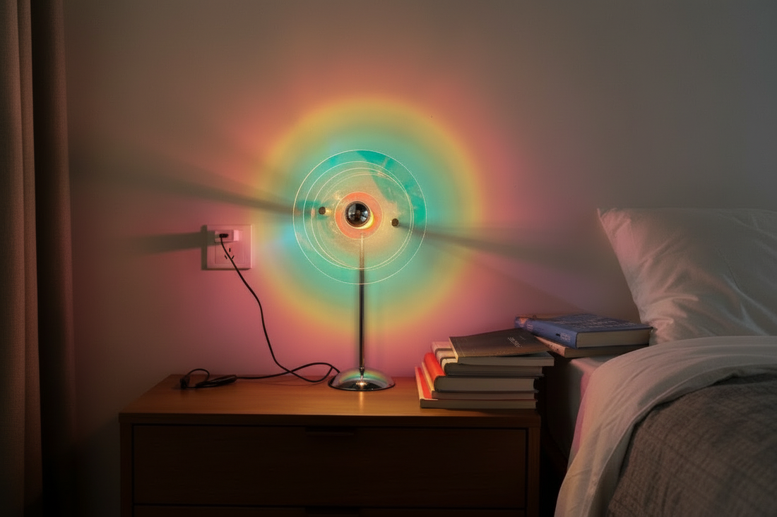Colorful Acrylic Bauhaus Table Lamp casting mood lighting in a cozy bedroom