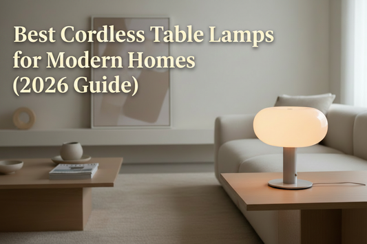 Cordless rechargeable table lamp on modern bedside table with warm ambient lighting