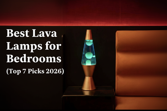 **Alt text:**  `A glowing teal lava lamp with a copper metallic base sits on a dark shelf beside a cognac leather sofa, with warm red ambient lighting — featured in Best Lava Lamps for Bedrooms Top 7 Picks 2026`