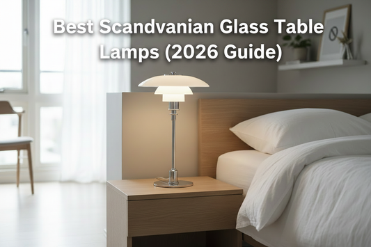 Scandinavian glass table lamp glowing softly in a modern minimalist bedroom