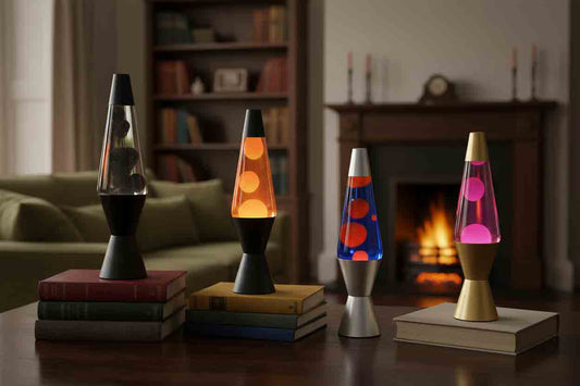 A collection of premium Lumiosa lava lamps in various colors, showcasing British-designed interior lighting art in a cozy UK home setting.