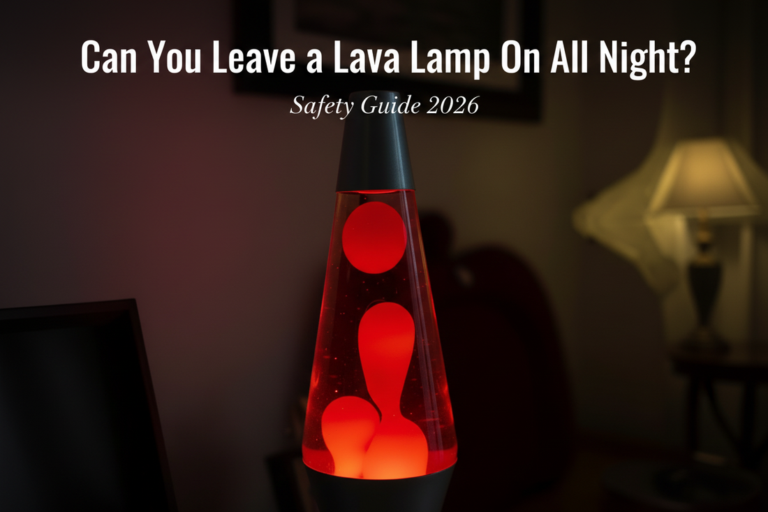 A glowing red lava lamp in a dark room with warm ambient light, illustrating safe overnight lava lamp use