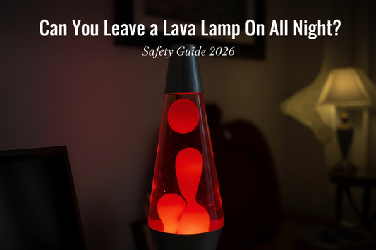 A glowing red lava lamp in a dark room with warm ambient light, illustrating safe overnight lava lamp use