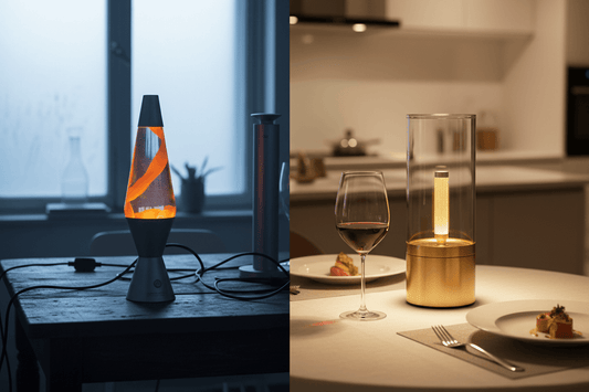 Comparison of cluttered corded lava lamp vs minimal cordless brass dining table lamp 2026