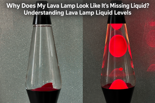 Side-by-side comparison of a red lava lamp off and on, showing low liquid wax level at the bottom when cool versus fully risen glowing wax bubbles when heated