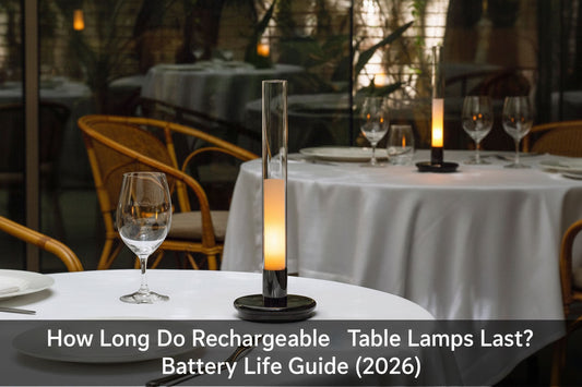 Rechargeable cylindrical glass table lamp with warm amber glow on a white tablecloth restaurant dining table, elegant evening ambiance — Battery Life Guide 2026