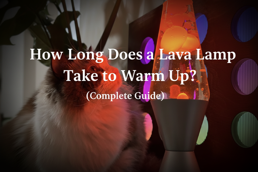 A fluffy white cat curiously gazing at a glowing orange-red lava lamp, with colorful purple LED lights in the background creating a warm and cozy room atmosphere.