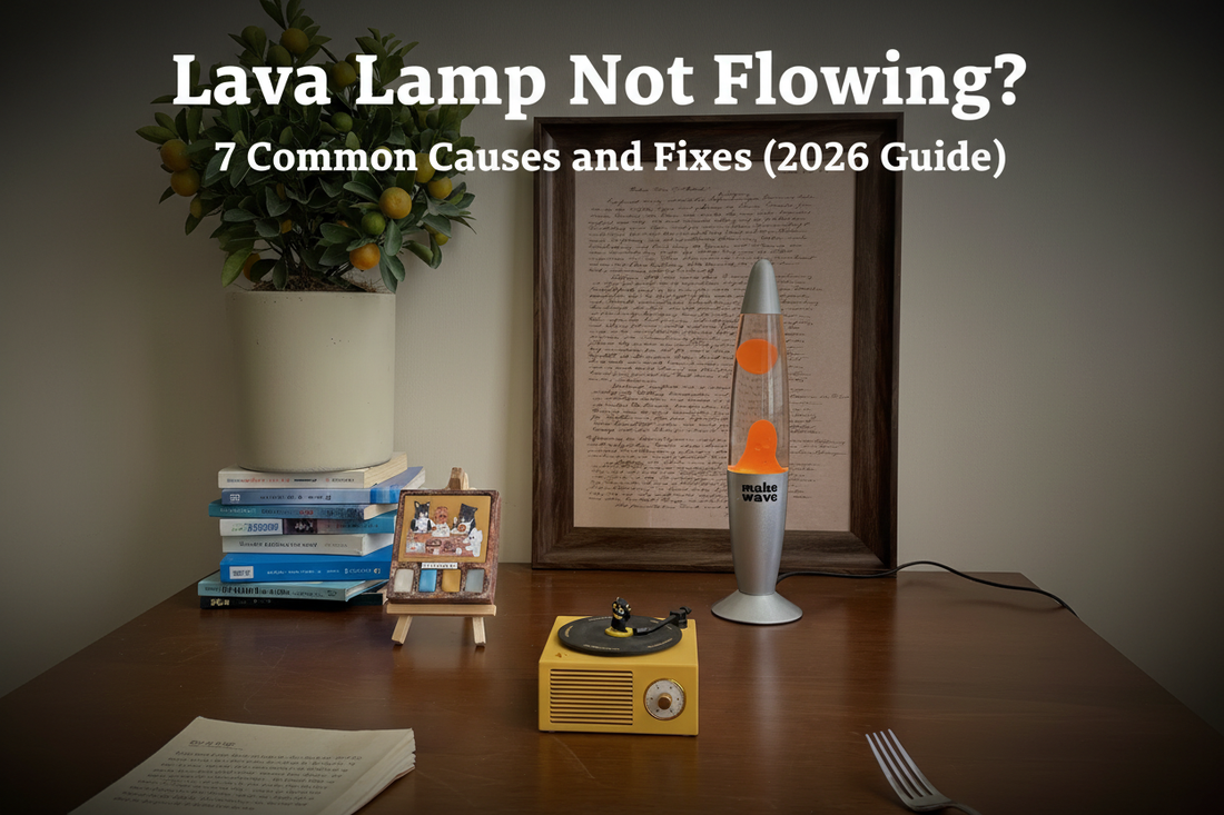 Retro orange lava lamp on a wooden desk styled with a vintage record player and books