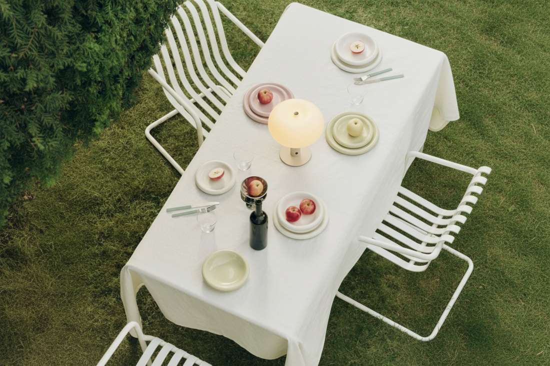 cordless fabric table lamp creating warm dining atmosphere