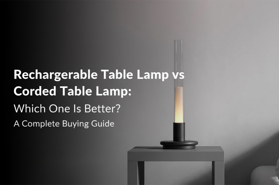 modern rechargeable cordless table lamp with warm amber glow against a grey minimalist bedroom background, with headline text: Rechargeable Table Lamp vs Corded Table Lamp: Which One Is Better?`