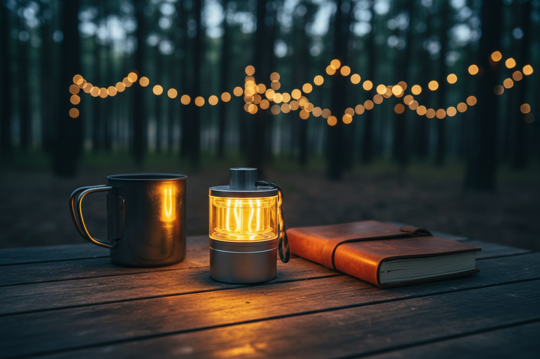 Heavyweight Silver Portable Touch Lamp for luxury camping lifestyle.