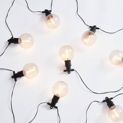 Patio string lights with exposed bulbs and hook hanging design