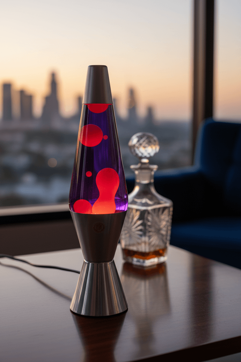 13-inch red lava lamp with purple liquid and silver base
