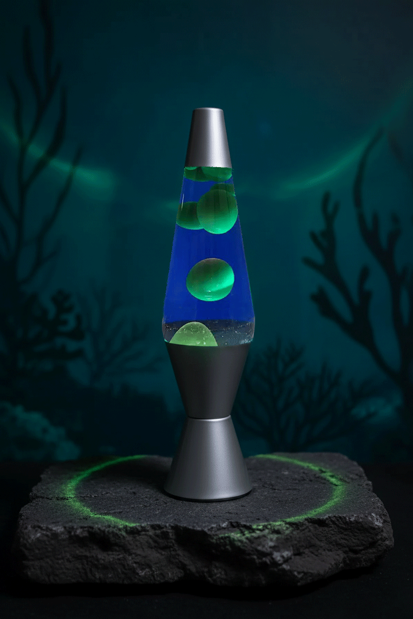 Blue Liquid Lava Lamp with Neon Green Wax - Underwater Motion Mood Lighting