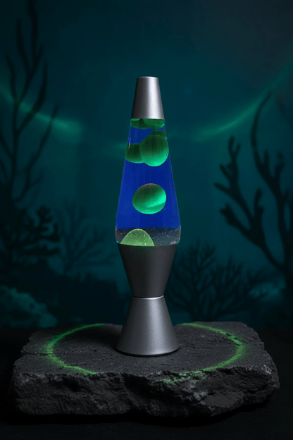 Blue Liquid Lava Lamp with Neon Green Wax - Underwater Motion Mood Lighting
