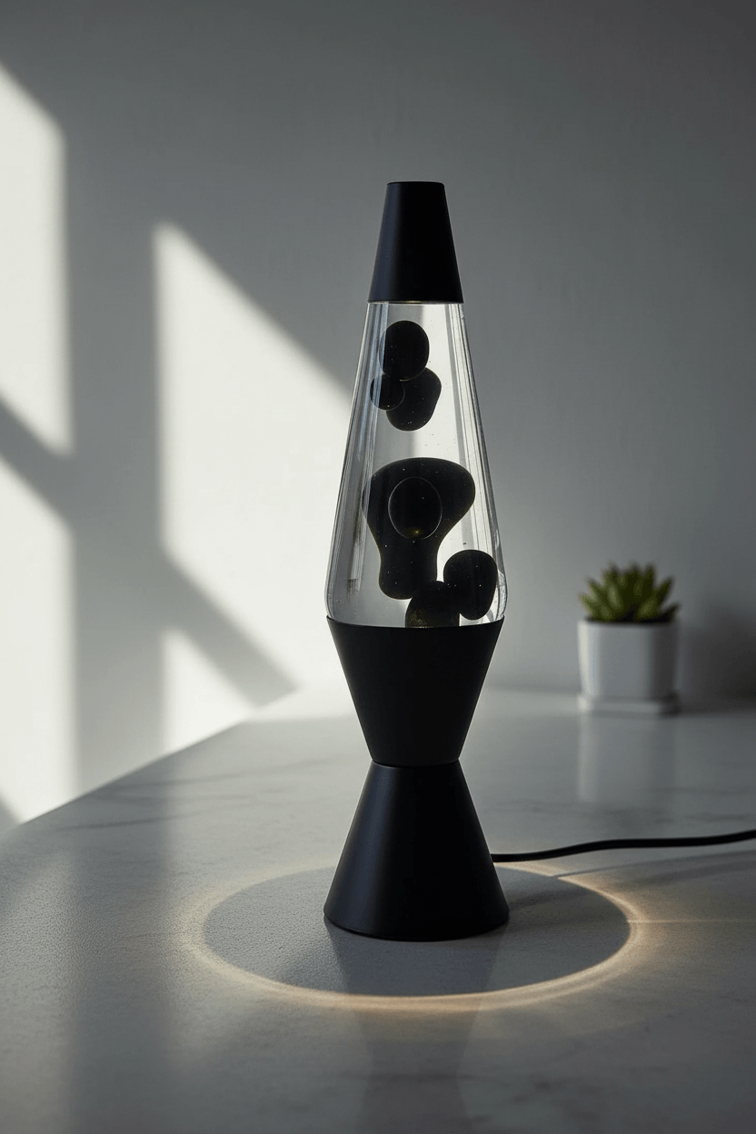 Minimalist Black Base Lava Lamp with Clear Liquid and Midnight Black Wax - Monochrome Home Decor