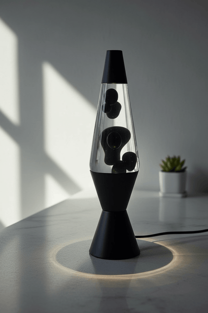 Minimalist Black Base Lava Lamp with Clear Liquid and Midnight Black Wax - Monochrome Home Decor