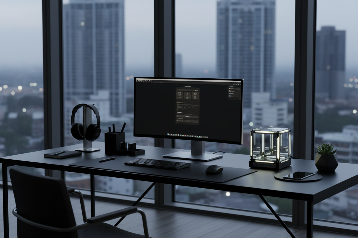 Cyberpunk ambient light next to a mechanical keyboard on a dark gaming desk