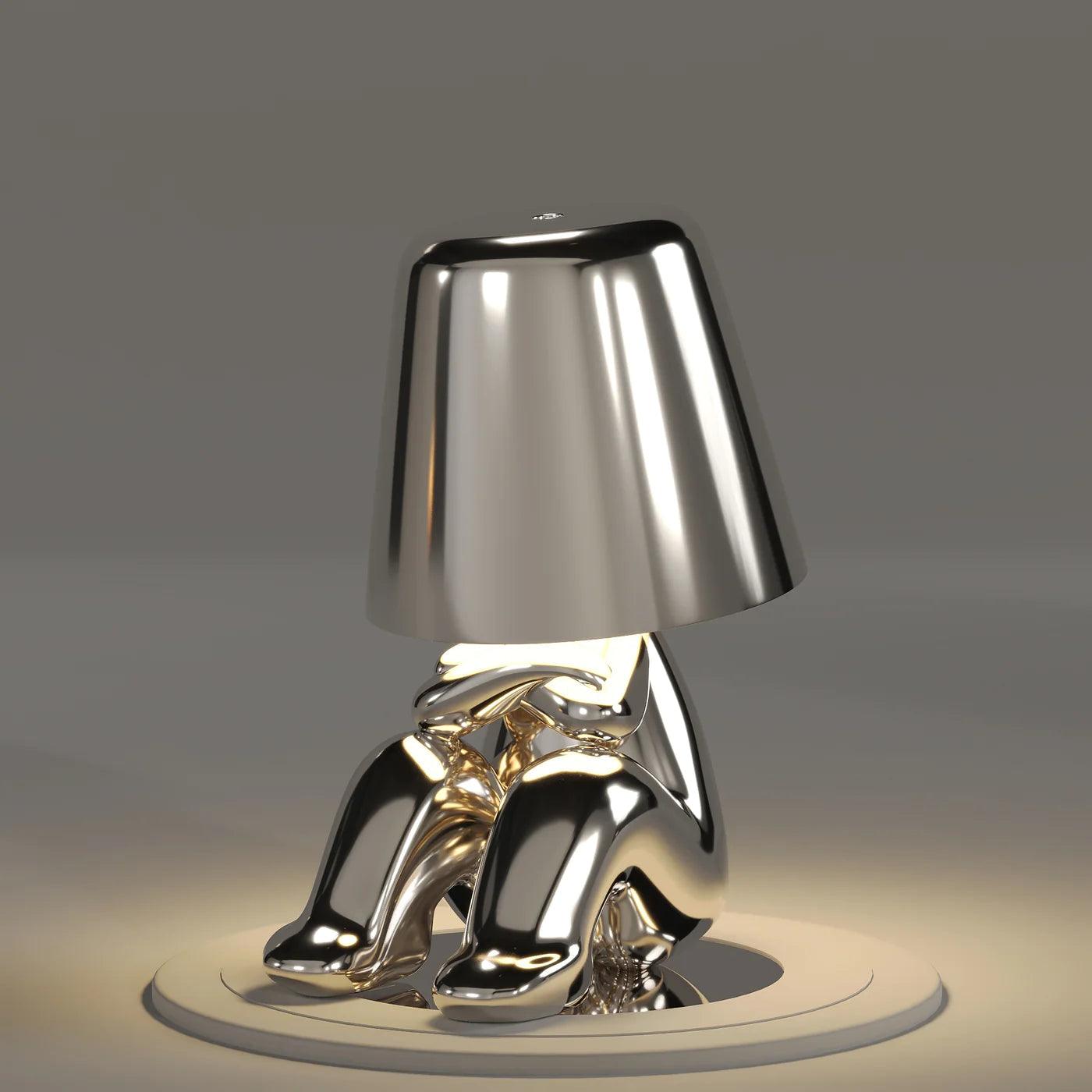 Thinker Brothers table lamp featuring Italian minimalist design, sleek silver finish, and flexible touch sensor lighting.