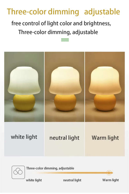Three-color dimmable options for the French cream mushroom table lamp showing white, neutral, and warm light settings.